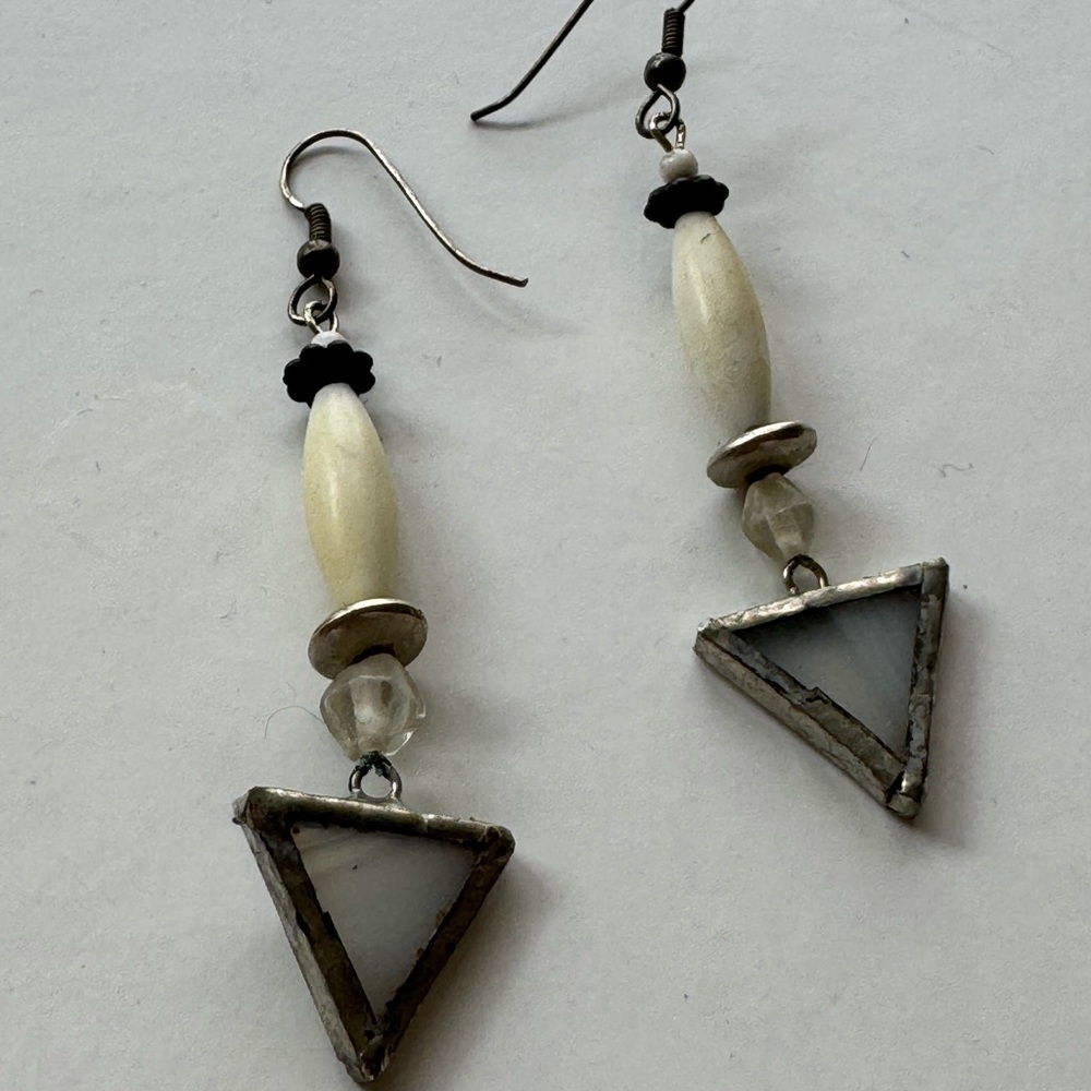 Silver and Cream Triangle Dangle Earrings - Picture 5 of 6
